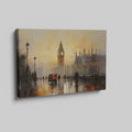 Framed canvas print of London's Big Ben and red buses in an abstract impressionist style with warm golden colours