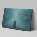 Framed canvas print of a girl in red standing in a mystical blue forest with butterflies