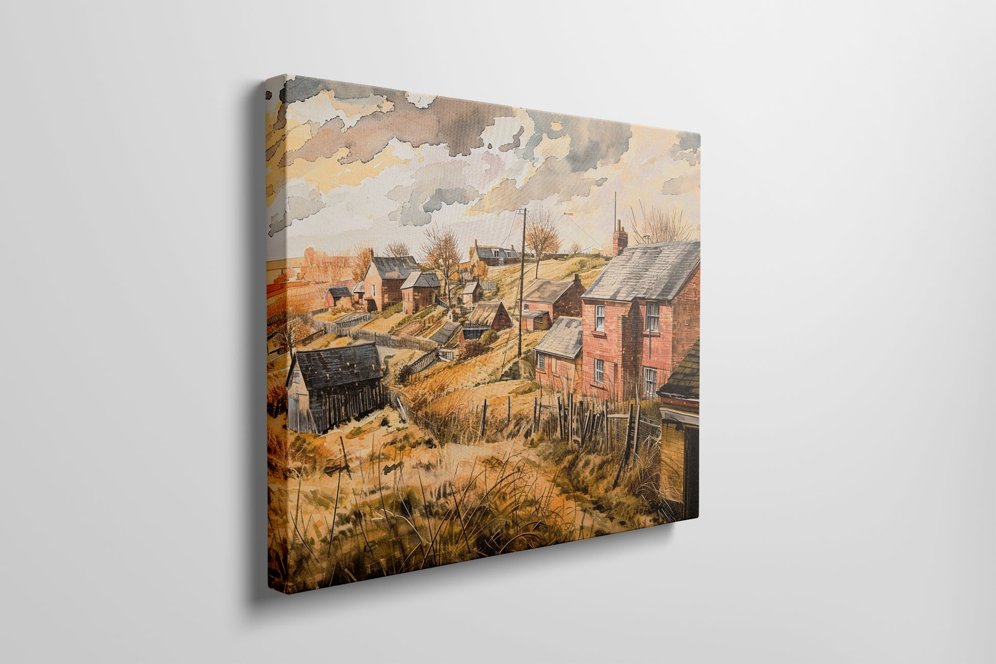 Framed canvas print of a traditional British village in watercolour