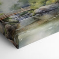 Framed canvas print of a serene Japanese garden with a bridge, waterfall, and flowers