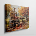 Framed canvas print of an autumn cider press scene with vibrant foliage and vintage farm elements