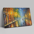 Framed canvas print of a rainy city street scene with vibrant colours and reflections