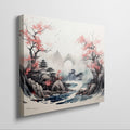 Framed canvas print of Oriental landscape with cherry blossoms and pagoda