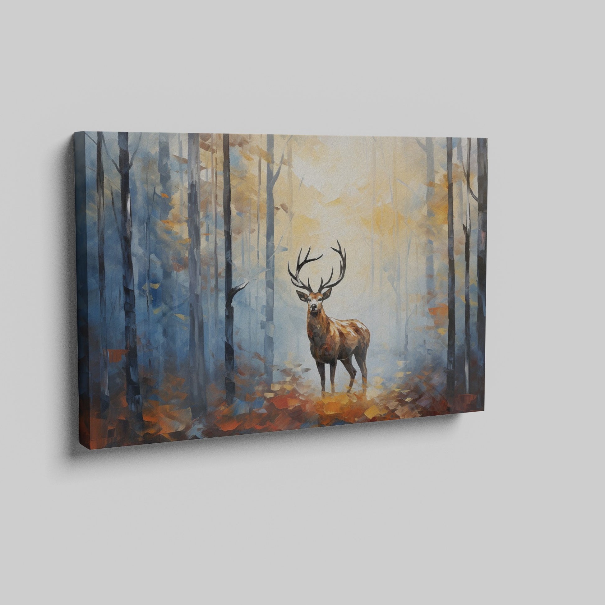 Framed canvas print of a majestic stag in a sunlit, impressionistic autumn forest