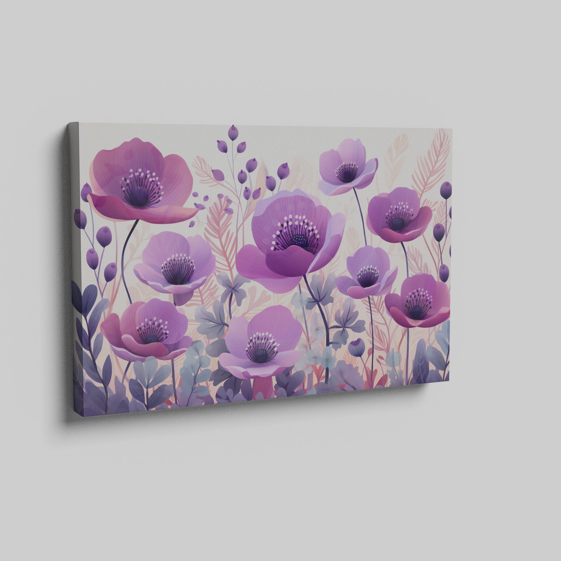 Framed canvas print of stylised anemone flowers in lavender and mauve hues