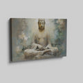 Framed canvas print of a serene Buddha in meditation with ethereal blue and earthy tones