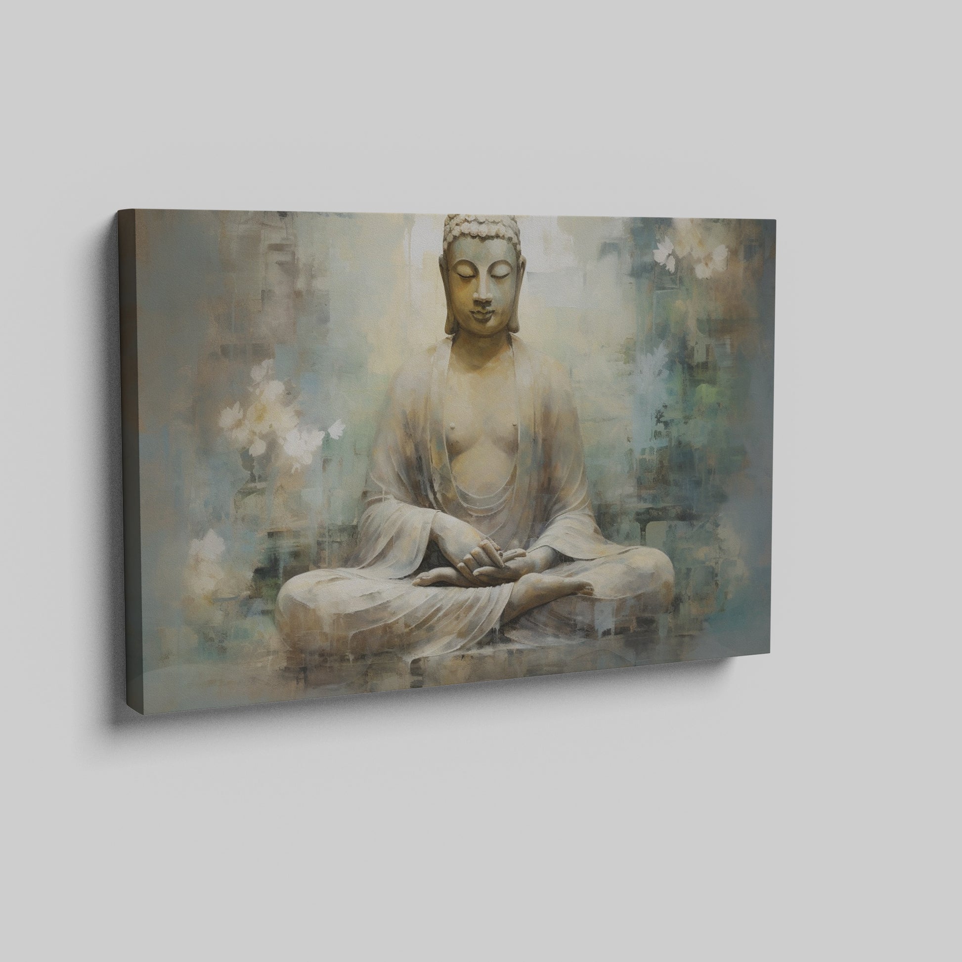 Framed canvas print of a serene Buddha in meditation with ethereal blue and earthy tones