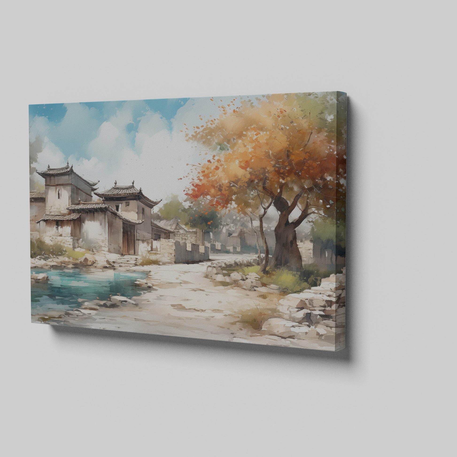 Framed canvas print of an impressionist style Oriental village scene with autumnal trees and traditional architecture