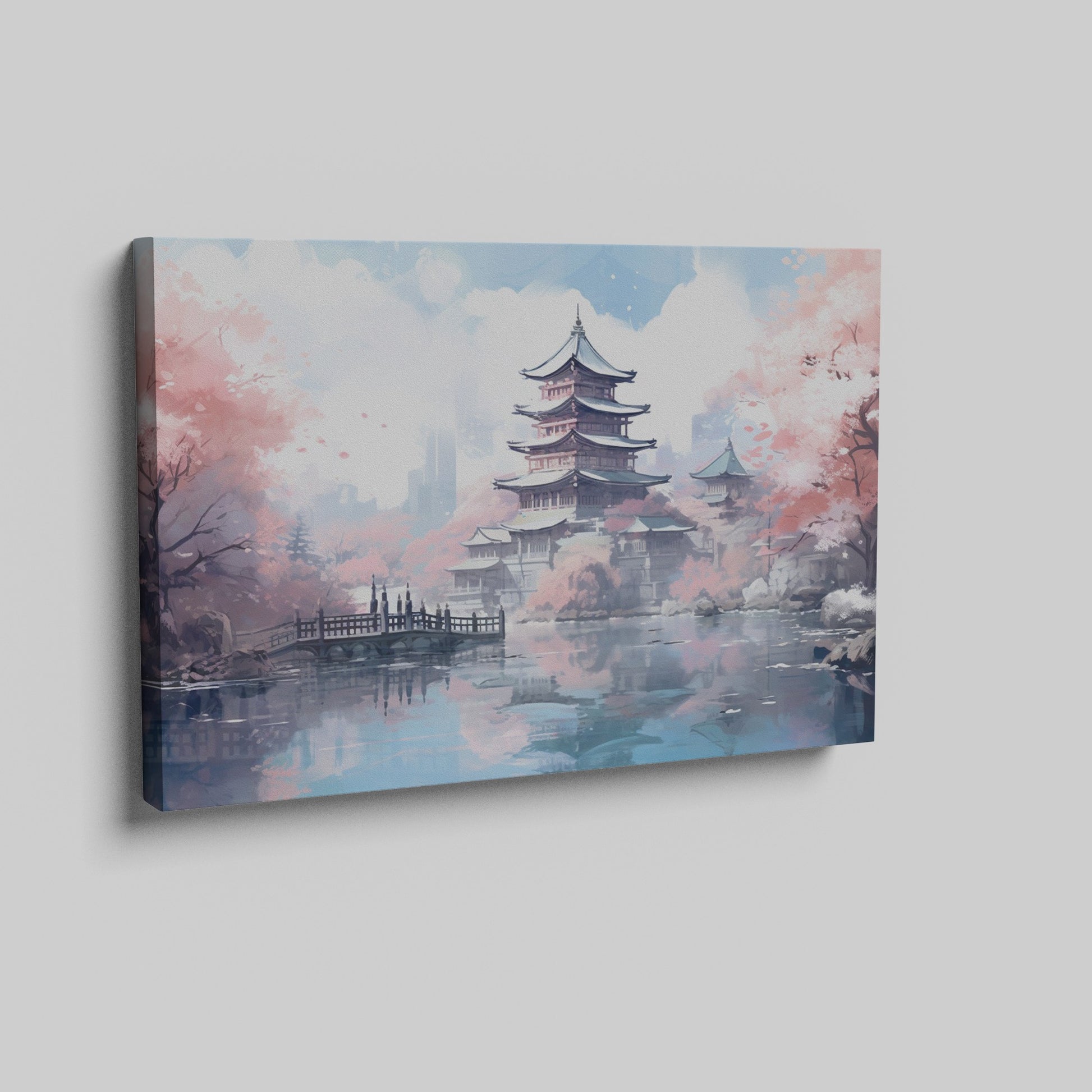 Framed canvas print of a Japanese pagoda surrounded by cherry blossoms and reflected in a tranquil pond