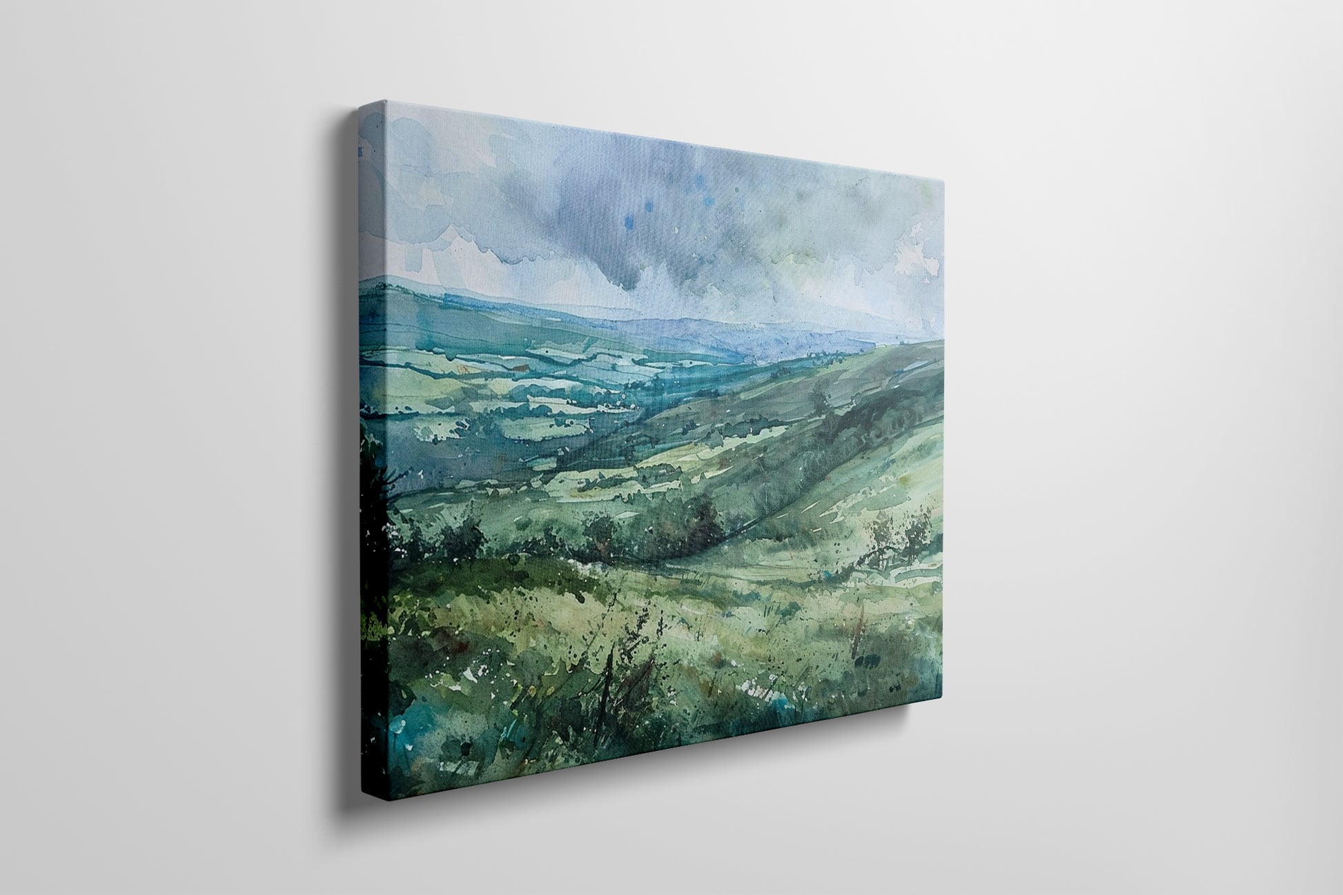 Framed canvas print of a watercolour countryside landscape with green rolling hills and vibrant skies