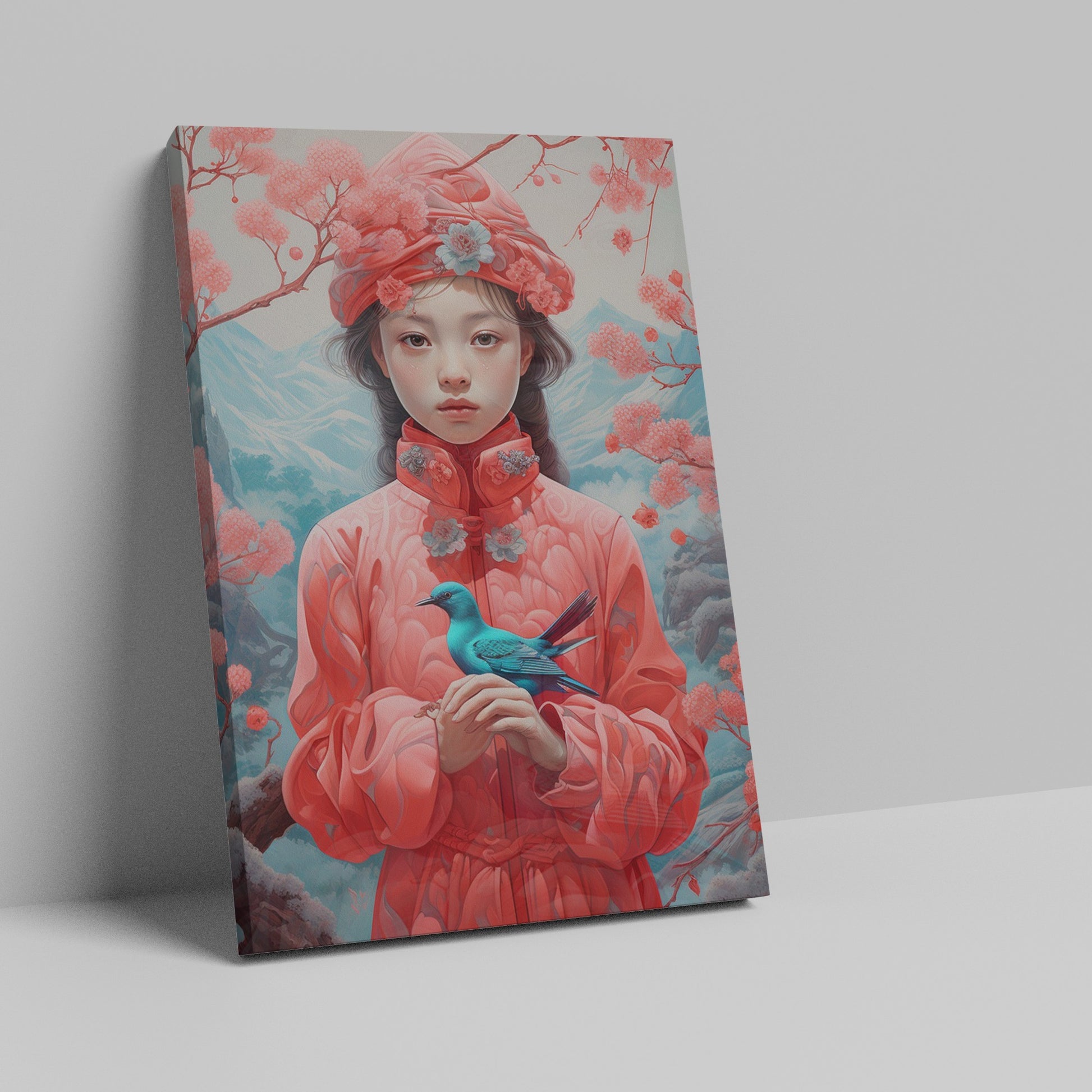 Framed canvas print of an Oriental girl in traditional pink attire with a blue bird and cherry blossoms