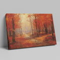 Framed canvas print of an impressionist autumn forest with vibrant red and orange leaves and a misty pathway