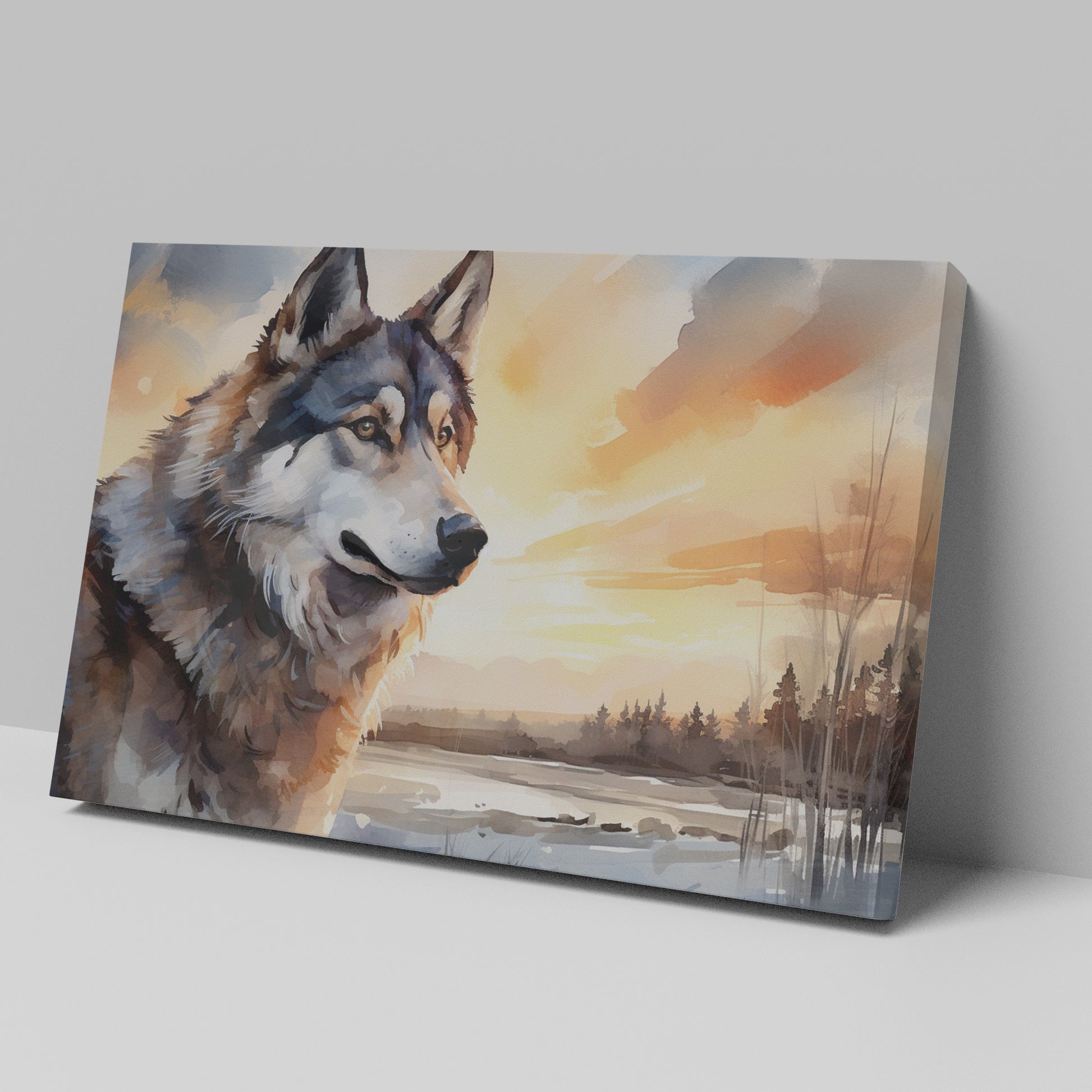 Framed canvas print of a majestic wolf in a sunset landscape with vibrant colours