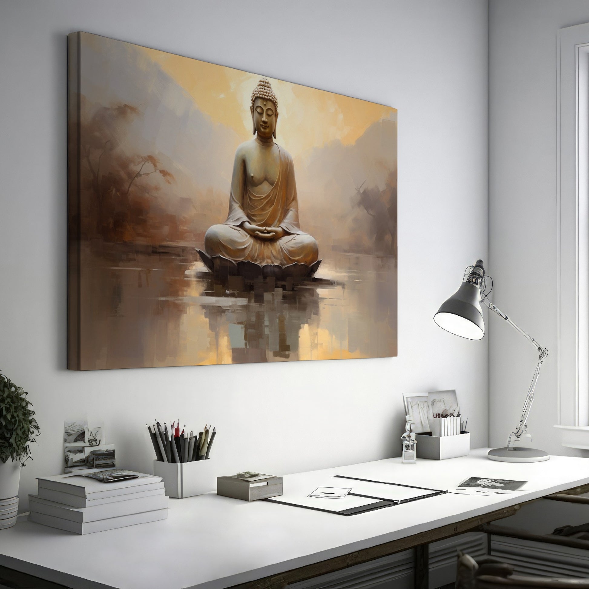 Framed canvas print of a meditative Buddha against a calming sunset and reflective water