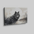 Framed canvas print of a black and white wolf against a monochrome cityscape with a full moon