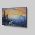 Framed canvas print of a mountain sunrise with a rustic cabin amongst pine trees