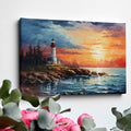 Framed canvas print of a vibrant impressionist sunset over a lighthouse and ocean