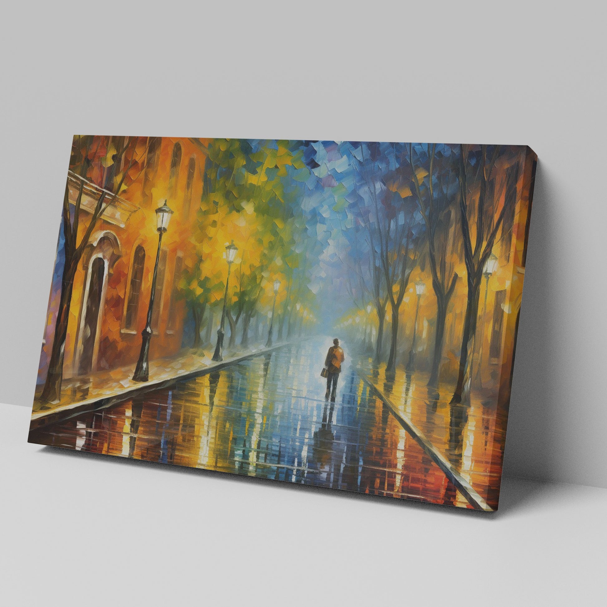 Framed canvas print of a rainy city street scene with vibrant colours and reflections