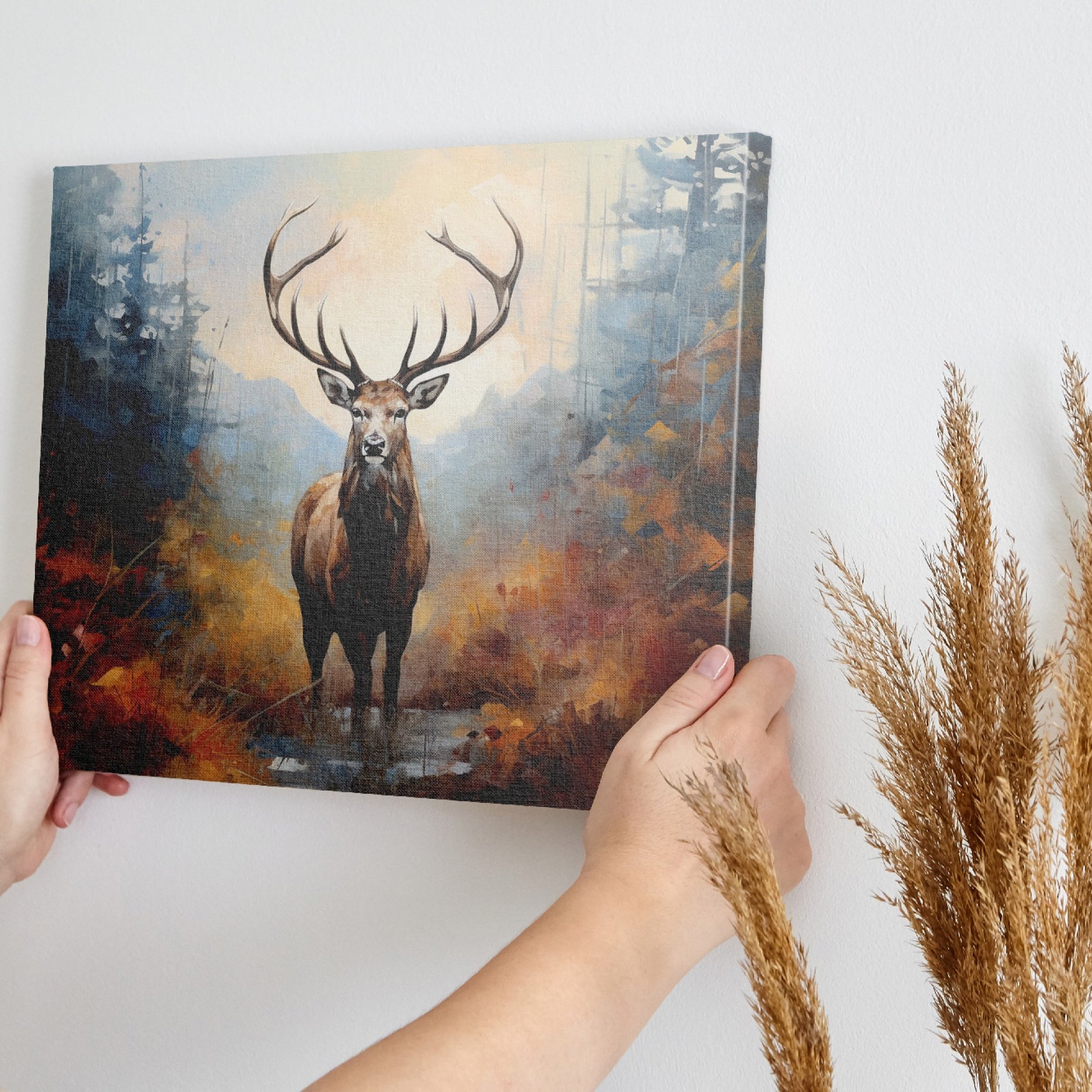 Framed canvas print of a majestic stag in an abstract autumnal forest