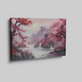 Framed canvas print of a serene oriental landscape with cherry blossoms and a pagoda