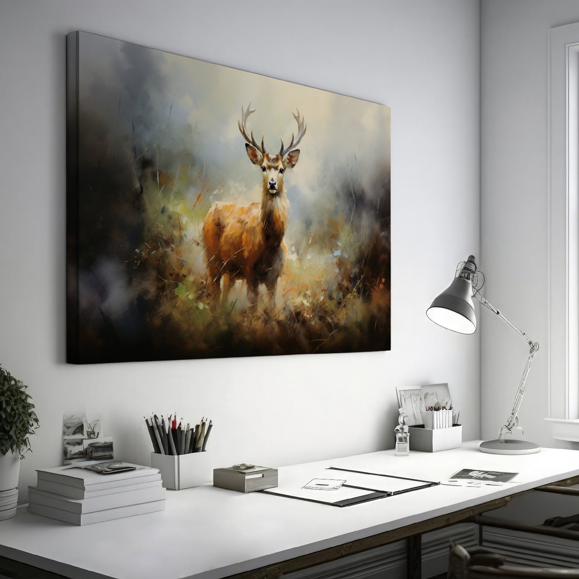 Framed canvas print of an impressionist painting of a stag in a misty autumn forest