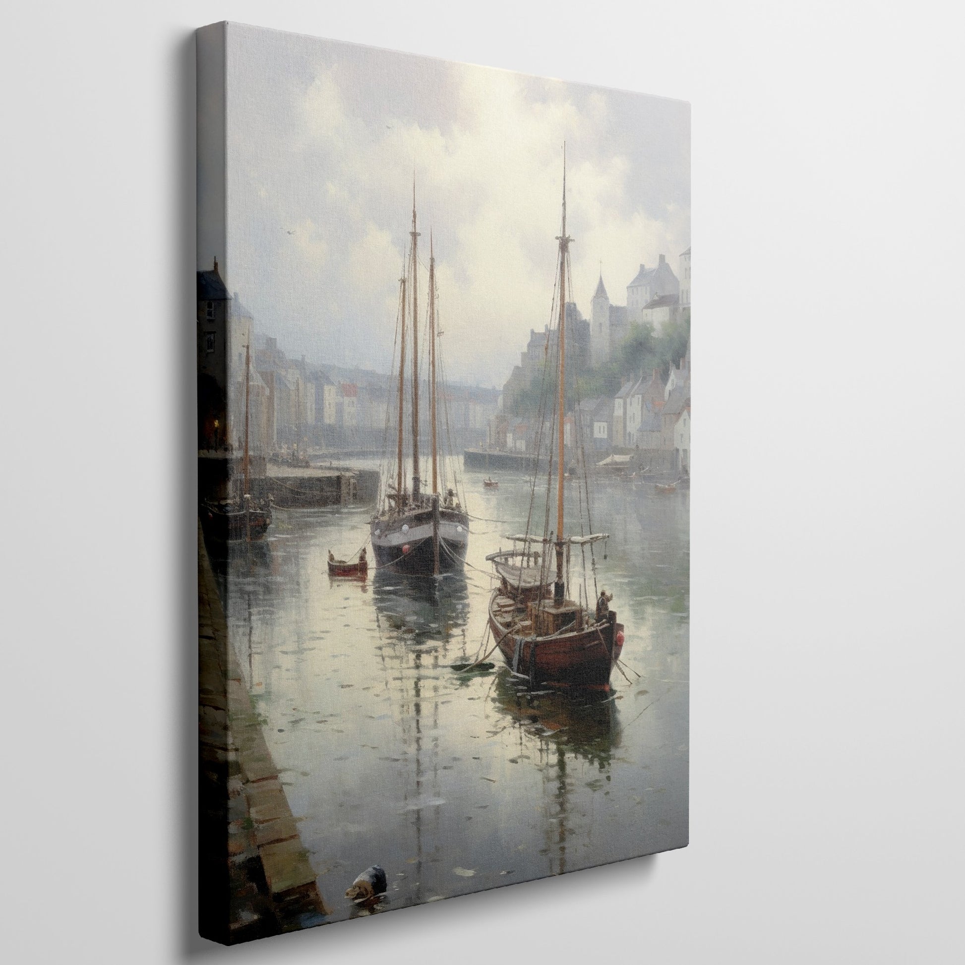 Framed canvas print of a tranquil harbour with vintage sailboats and quaint buildings