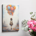 Framed canvas print of a youthful figure standing before an urban skyline, holding a cluster of colourful balloons