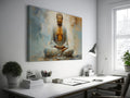 Framed canvas print of a serene Buddha in meditation with abstract elements and warm colour palette