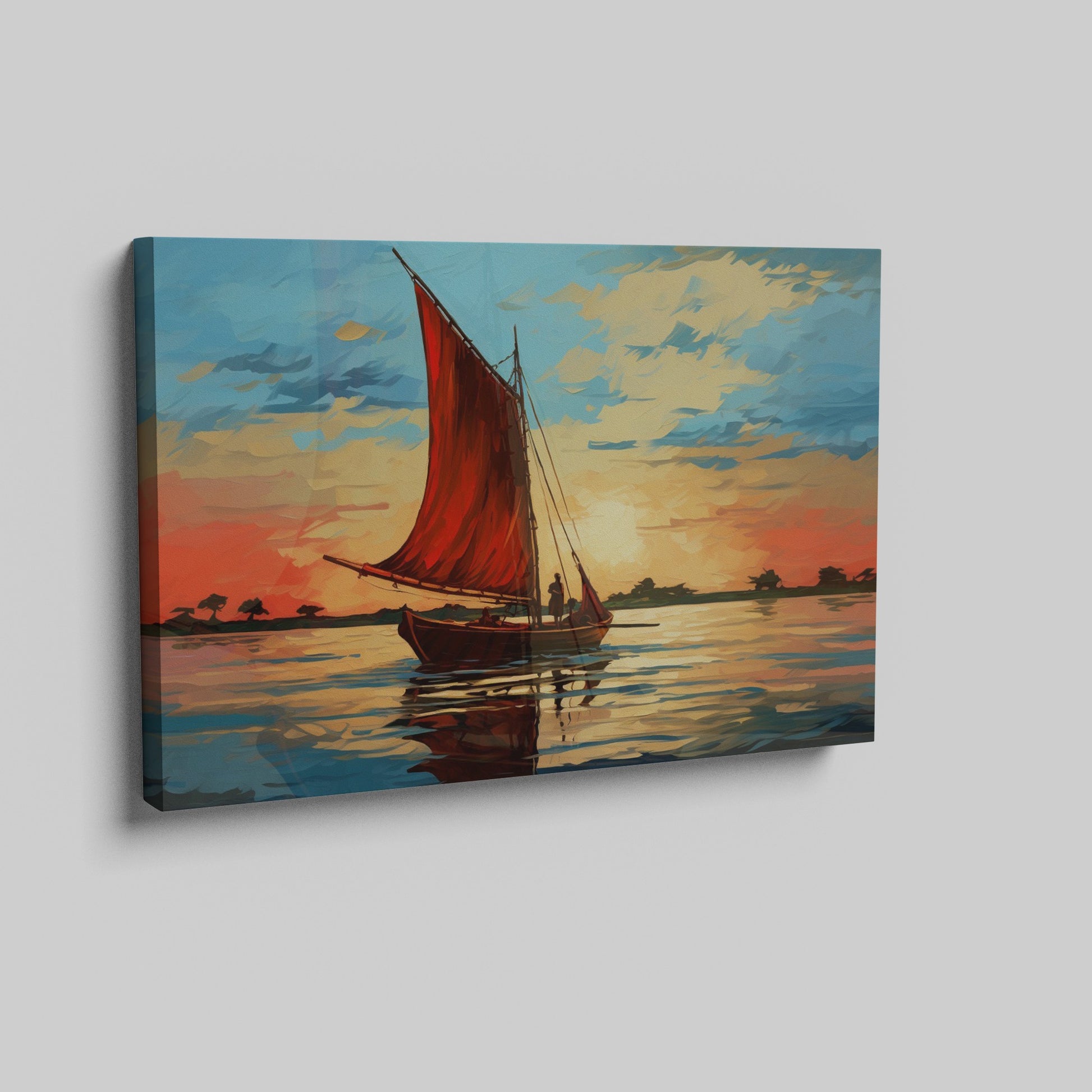 Impressionist style painting of a sailboat with a red sail on calm waters at sunset with vibrant blue and orange sky