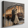 Framed canvas print of a romantic couple embracing on a snowy evening by a vintage streetcar