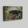 Framed canvas print of impressionist painting with rustic carousel, horses amidst poppies in countryside.