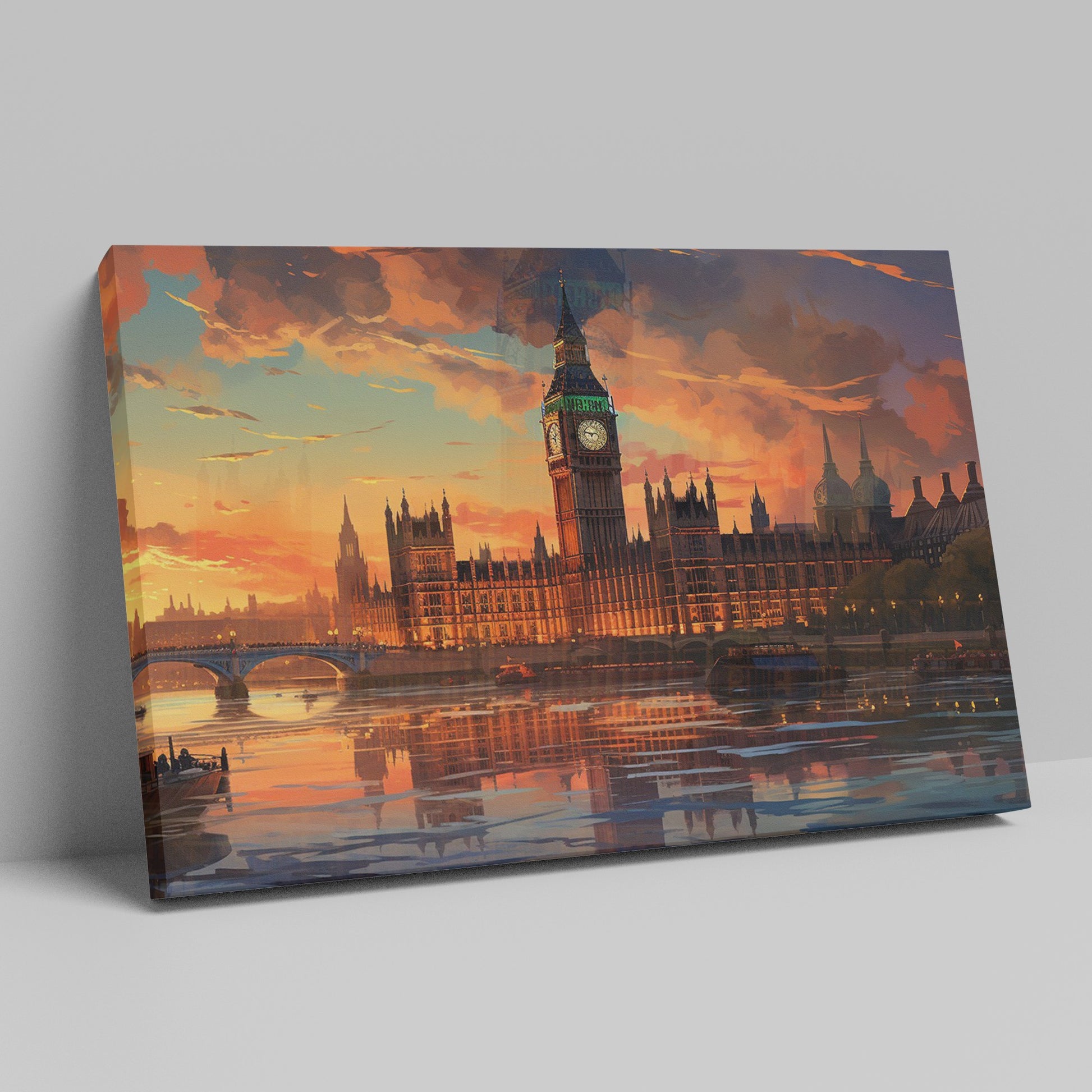 Framed canvas print of a colourful sunset over Big Ben and the London skyline, with stark reflections in the River Thames.