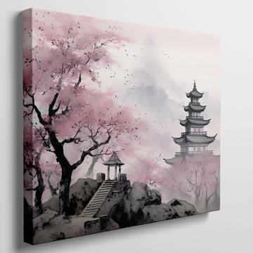 Framed canvas print of Oriental Pagoda in Mist with Cherry Blossoms