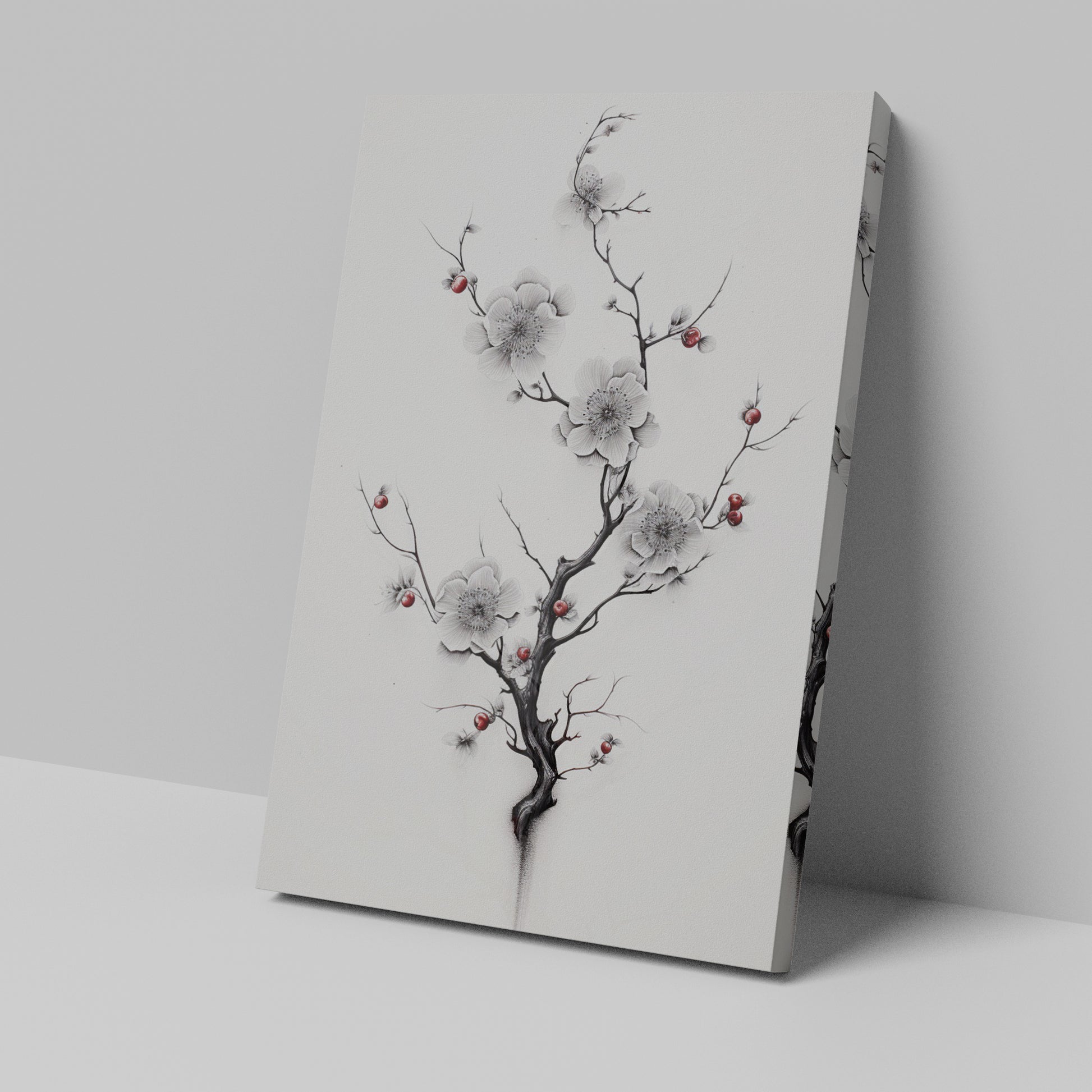 Framed canvas print of monochrome cherry blossoms with red accents