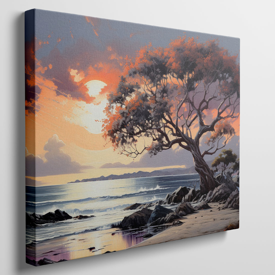 A vibrant sunset painting with an orange and red leafy tree overlooking a coastal seascape with gentle waves and cliffs.