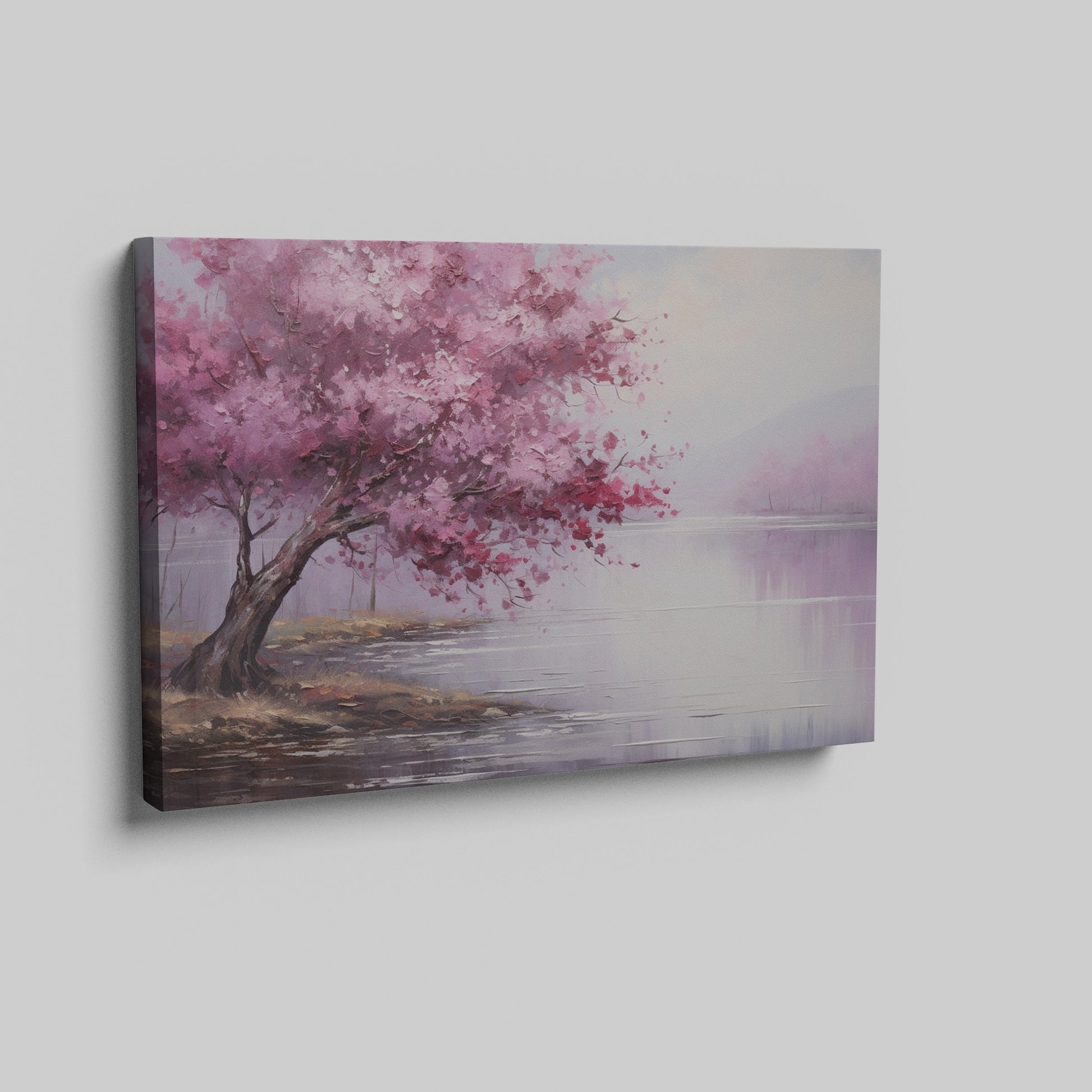 Framed canvas print of an impressionistic cherry blossom tree by a tranquil lake with soft pastel colors