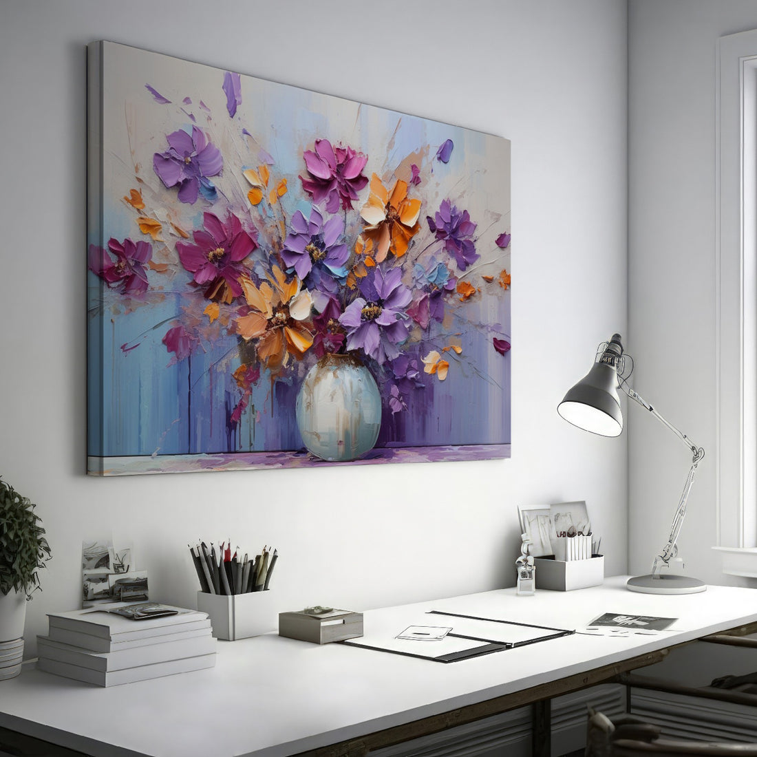 Framed canvas print of a bold textured floral painting with vibrant purple, blue, and orange flowers in an abstract vase