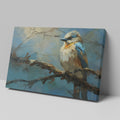 Framed canvas print of a vibrant impressionistic blue bird on a branch with a textured background