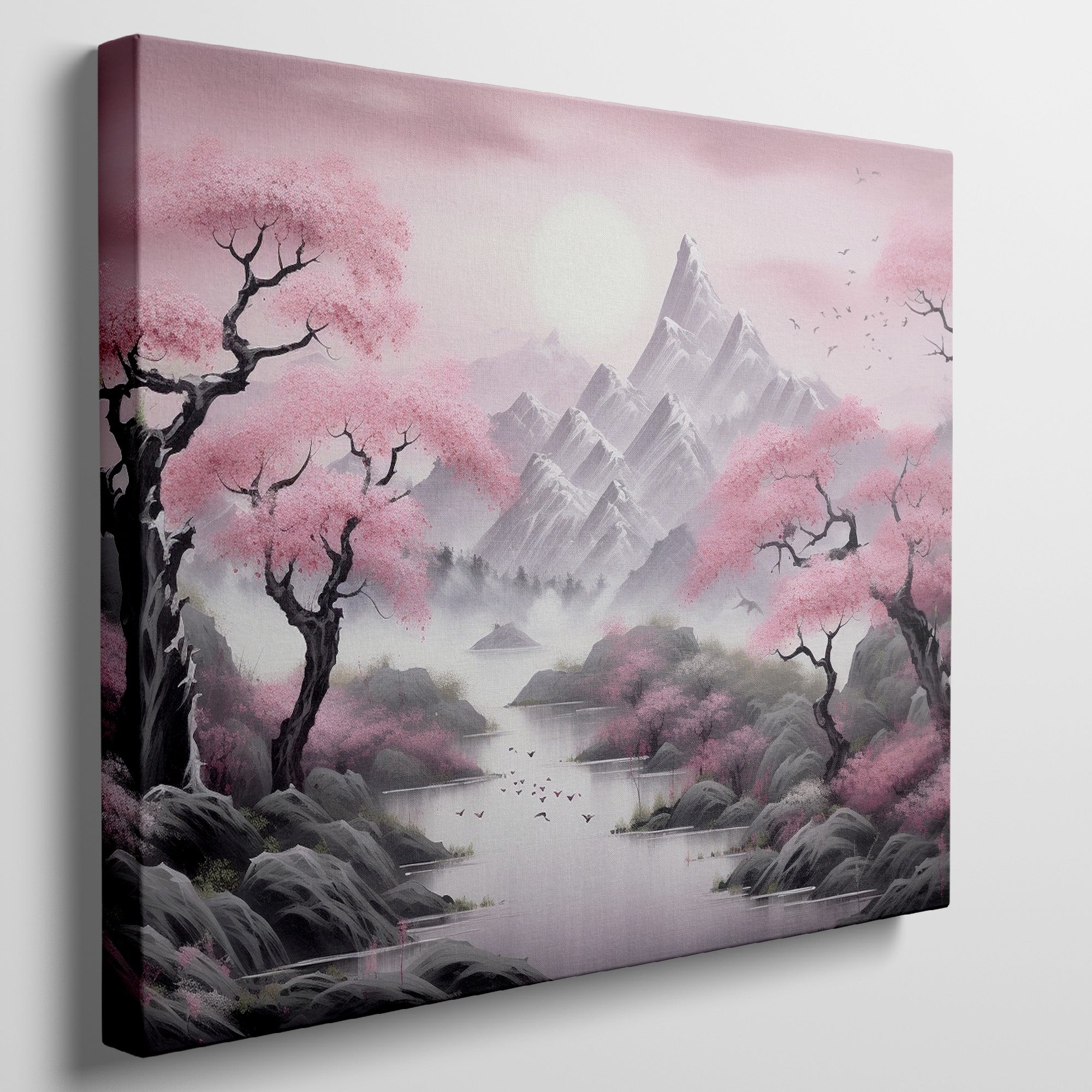 Framed canvas print of Oriental cherry blossom landscape with misty mountains and serene lake