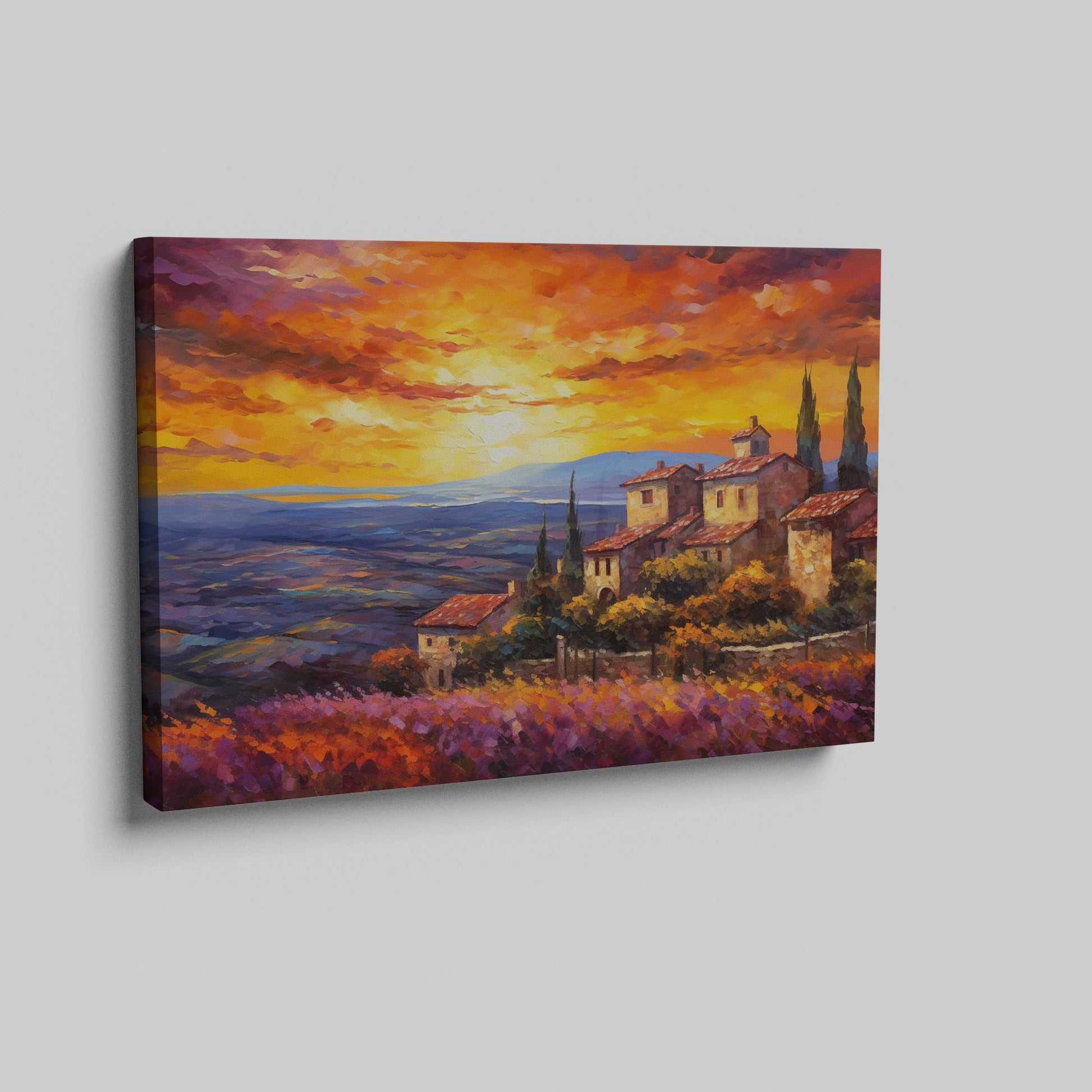 Framed canvas print of an Impressionist Tuscan landscape with a vibrant sunset sky, overlooking lavender fields and rustic houses.