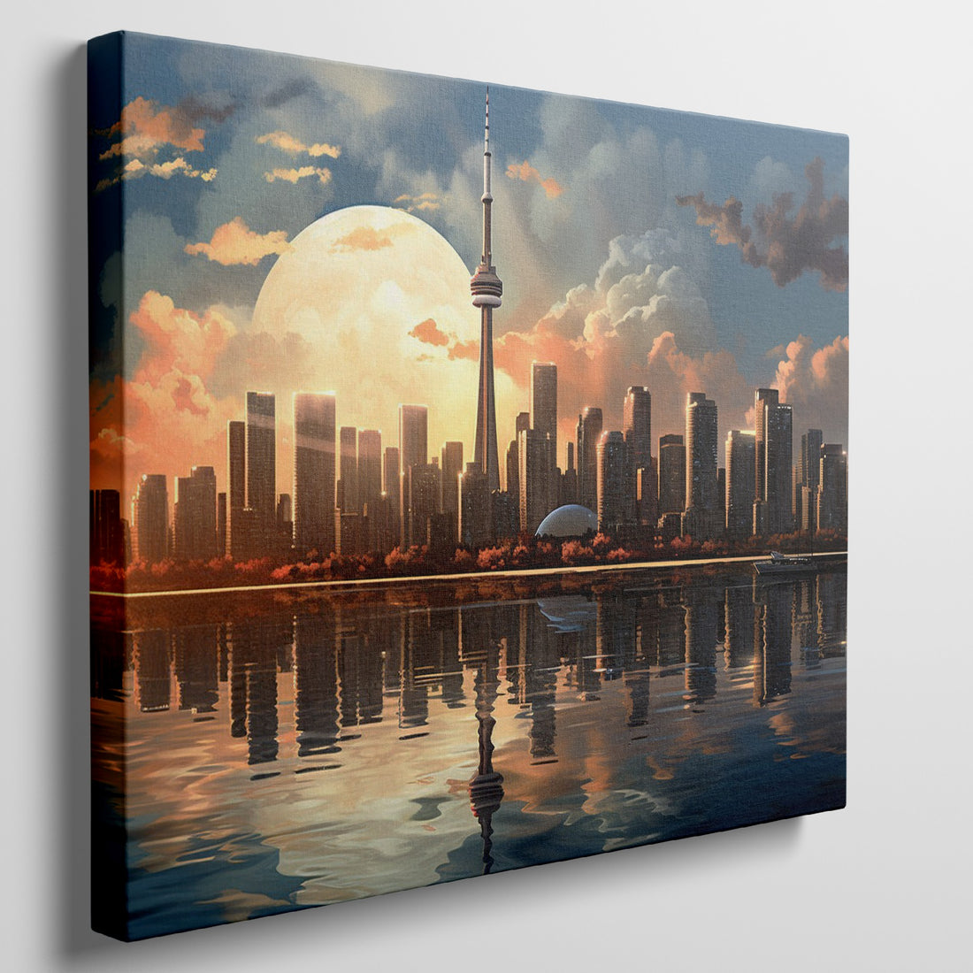 Framed canvas print of Toronto skyline with large moon and water reflections at sunset