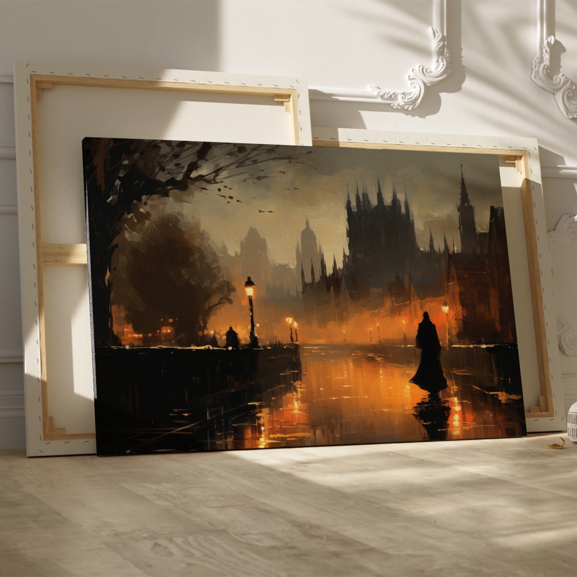 Framed canvas print of a gothic cityscape at twilight with warm glows and a shadowy figure