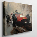 Framed canvas print of a vintage formula racing car in action with warm tones.