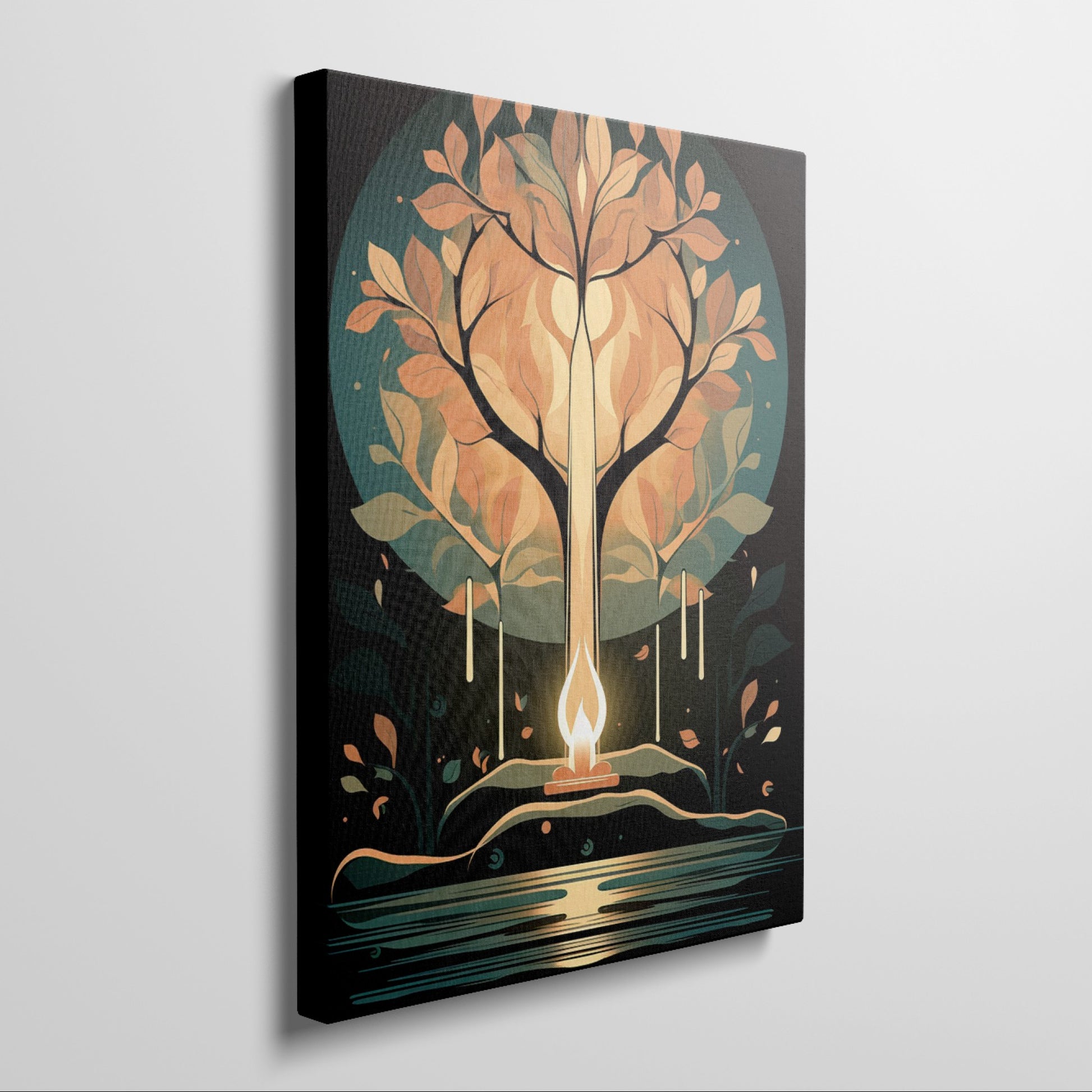 Stylized candle with a tree formation surrounded by autumn leaves against a dark background