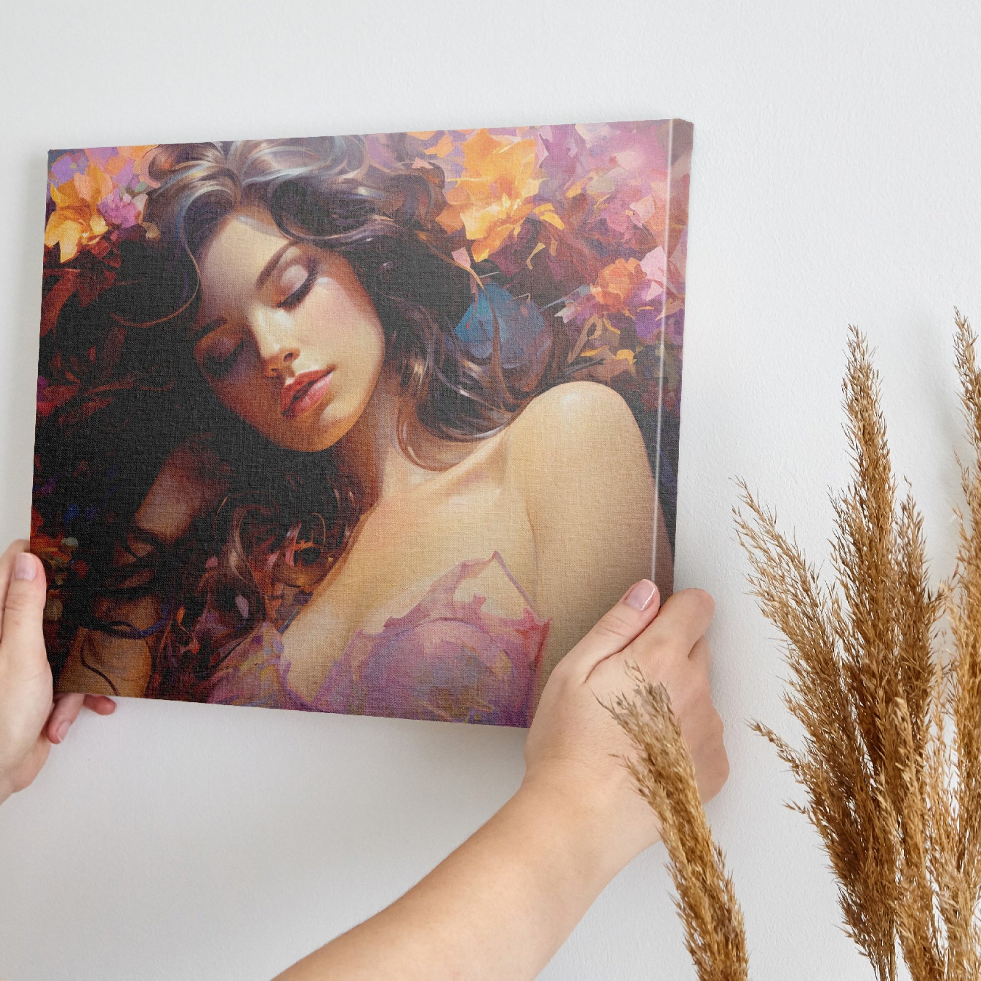 Framed canvas print of a sensuous woman amidst vibrant flowers