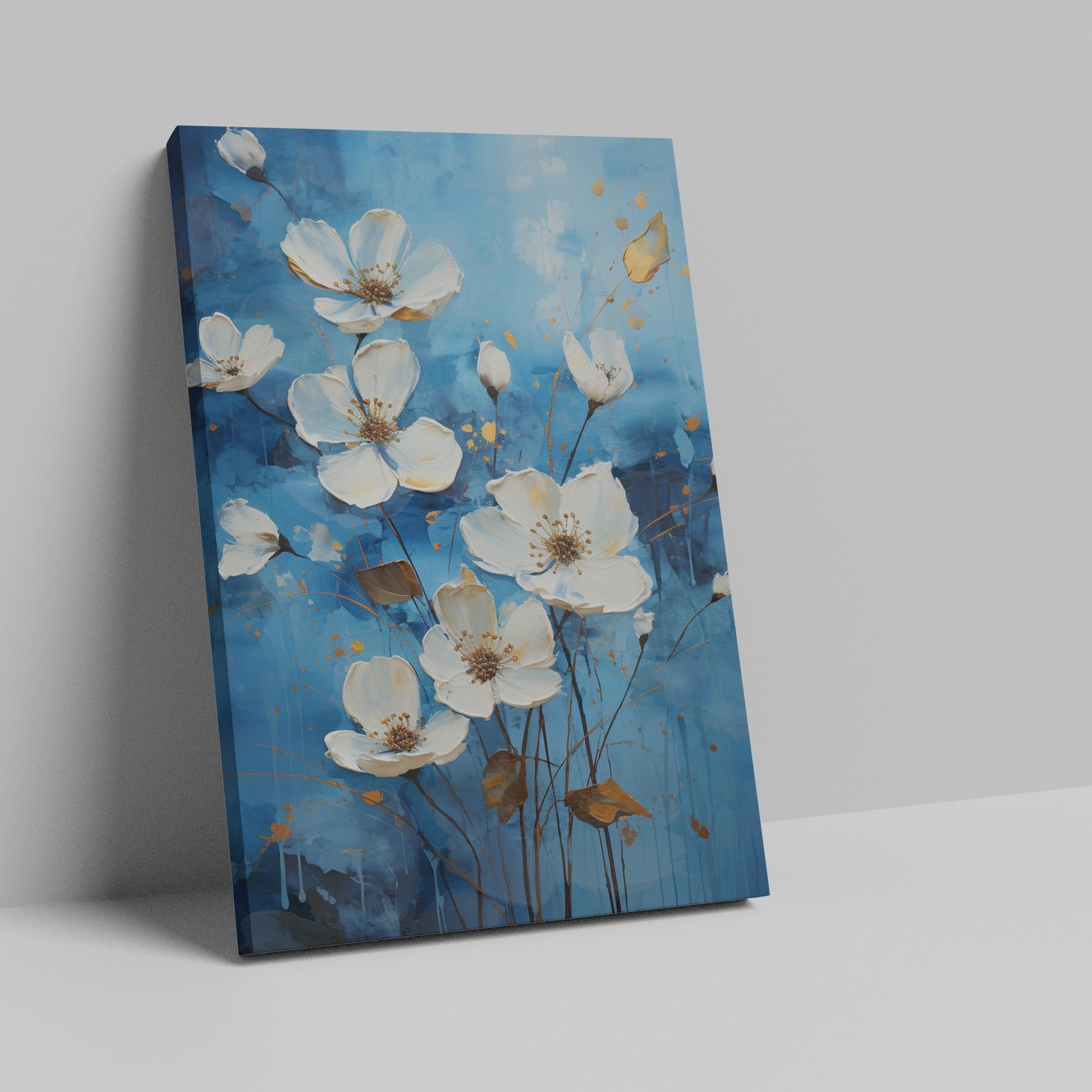 Framed canvas print of contemporary white and gold flowers on a blue background