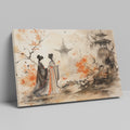 Framed canvas print of an oriental ink painting depicting two figures in traditional attire with an autumnal landscape and pagoda