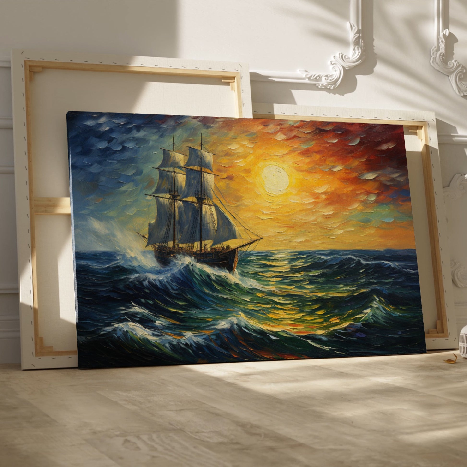 Framed canvas print of an impressionist painting featuring a sailing ship on vibrant sunset seas