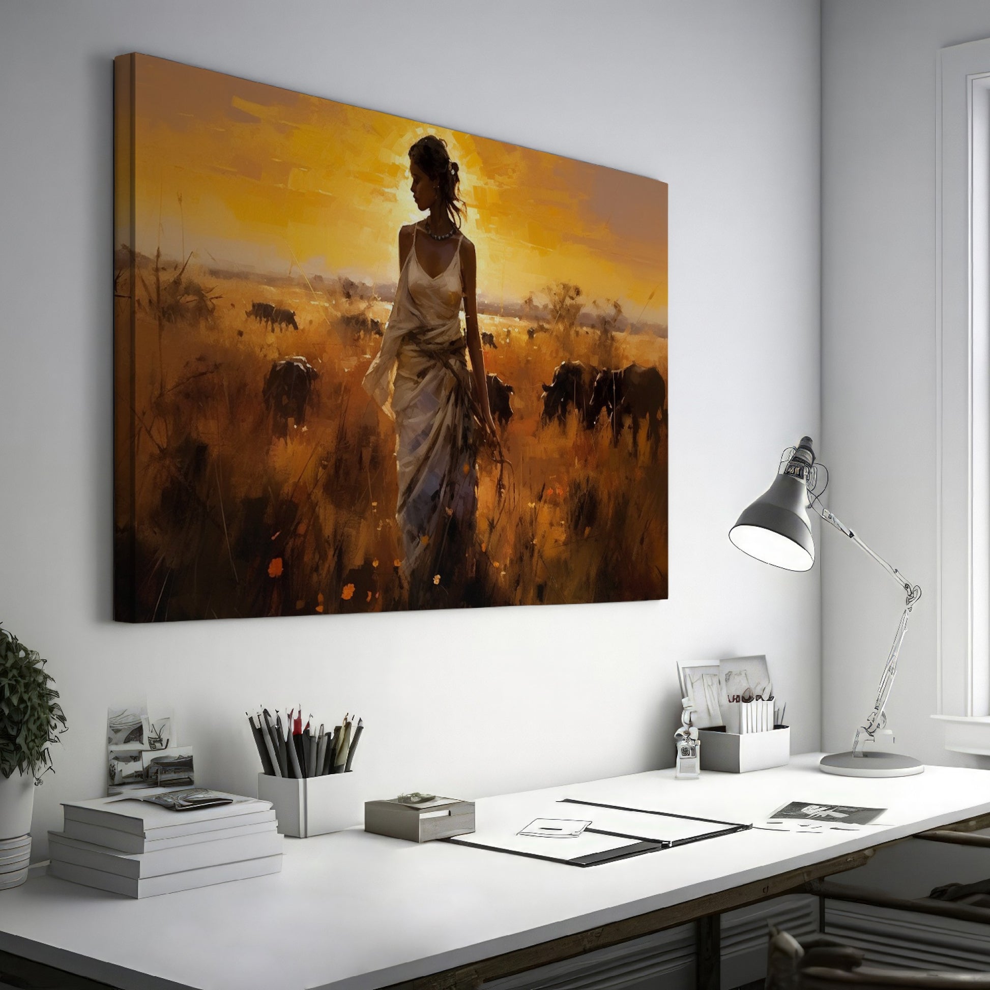 Framed canvas print of a figure in traditional attire at sunset with a savannah wildlife scene