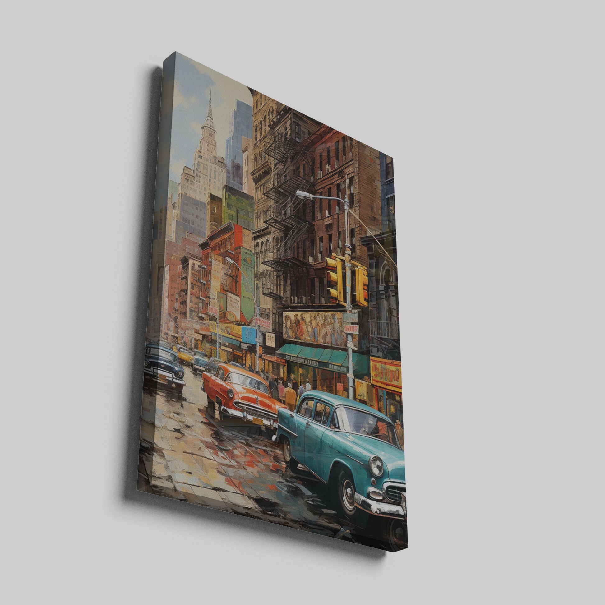 Framed canvas print of nostalgic New York street scene with vintage cars and historic buildings